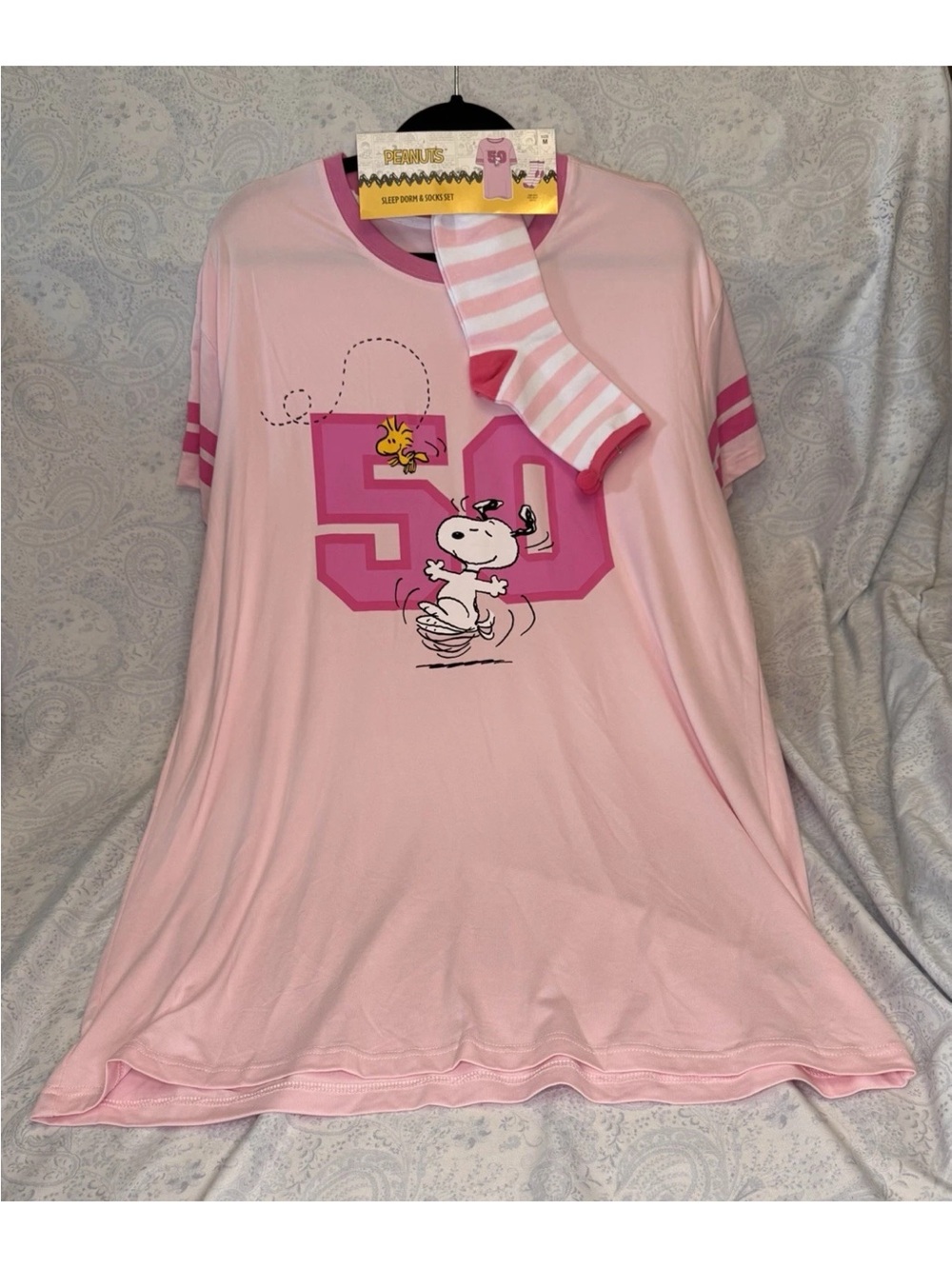 Peanuts Pink Snoopy & Woodstock Girls' Sleep Tee with Striped Socks - Picture 4 of 4
